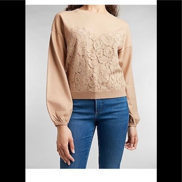 Express Sweaters - Express Cozy Lace Front Sweatshirt- tan sweater size small NWT$78